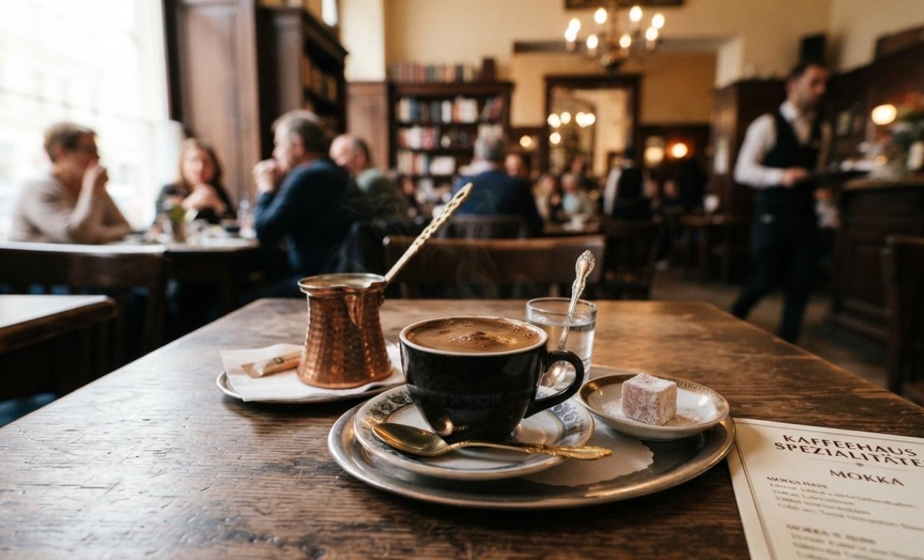 Mokka einfach erklärt: Mokka steht auf Tisch in Cafe