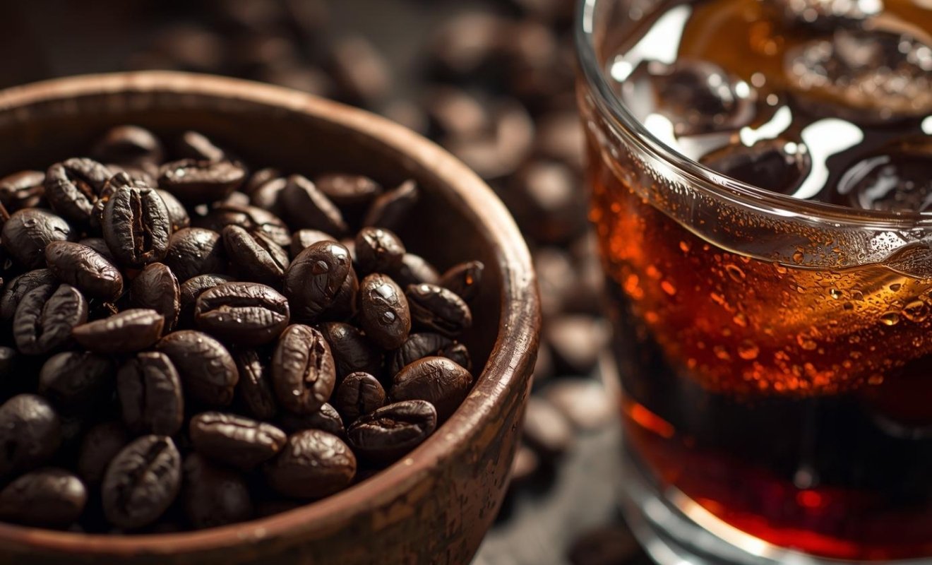 Cold Brew Kaffee neben Schale mit Kaffeebohnen