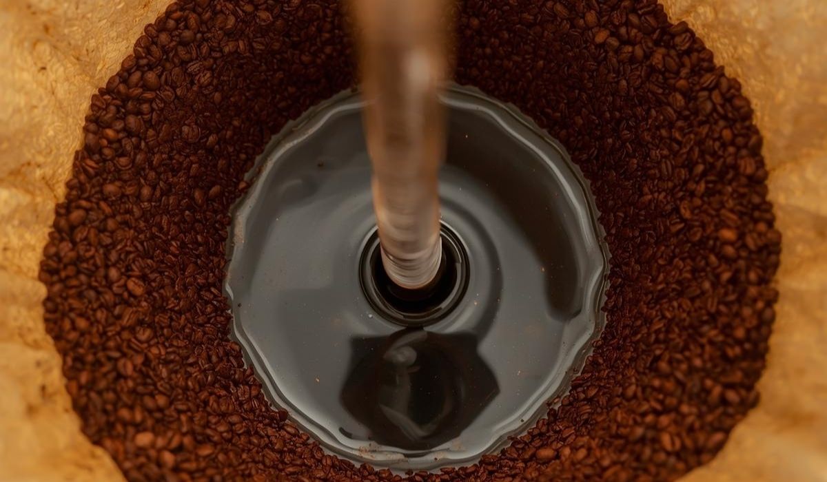 Filterkaffee zubereiten durch kochendes Wasser in gemahlenen Kaffee