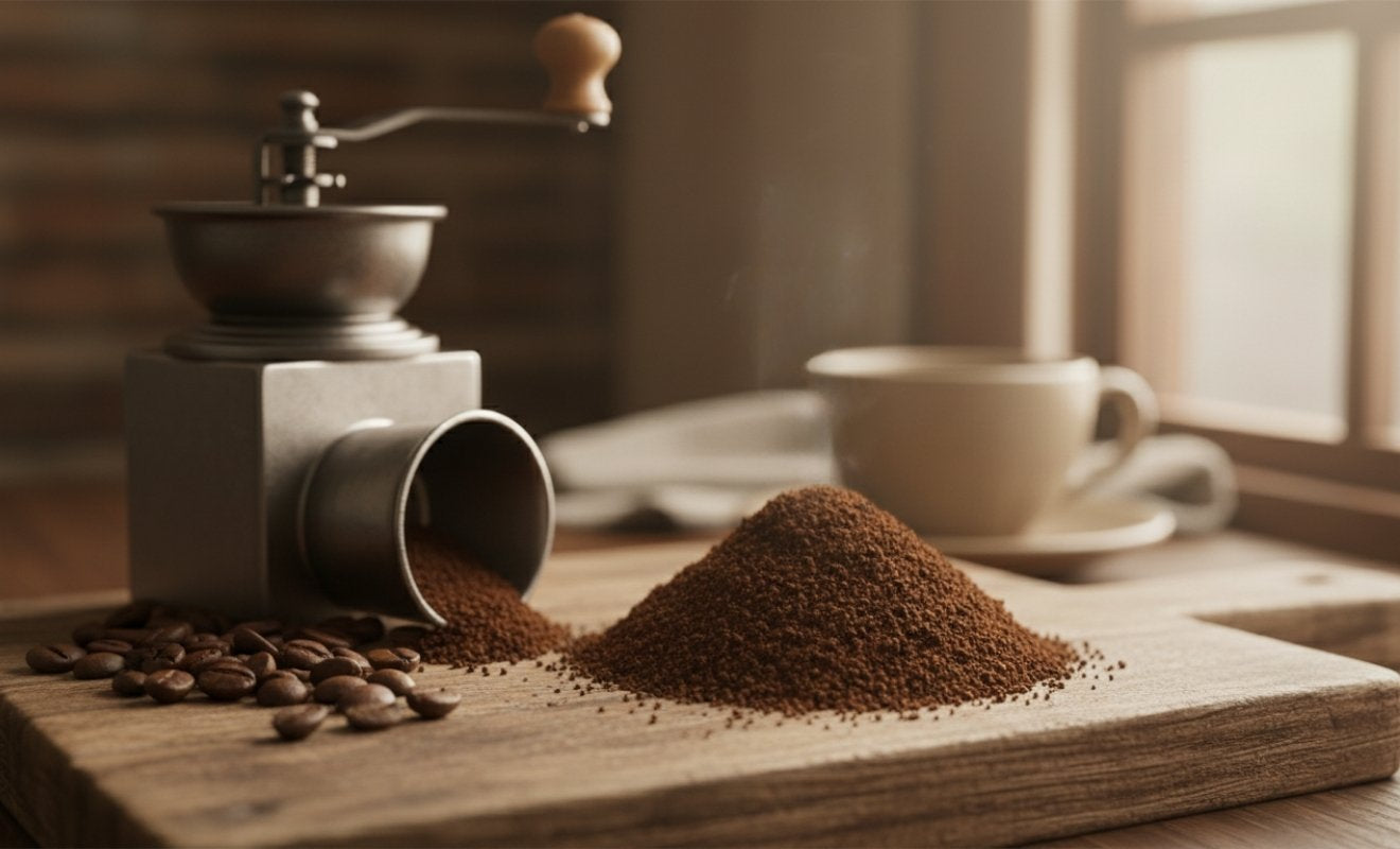 Kaffeepulver auf Brett nach Kaffee mahlen