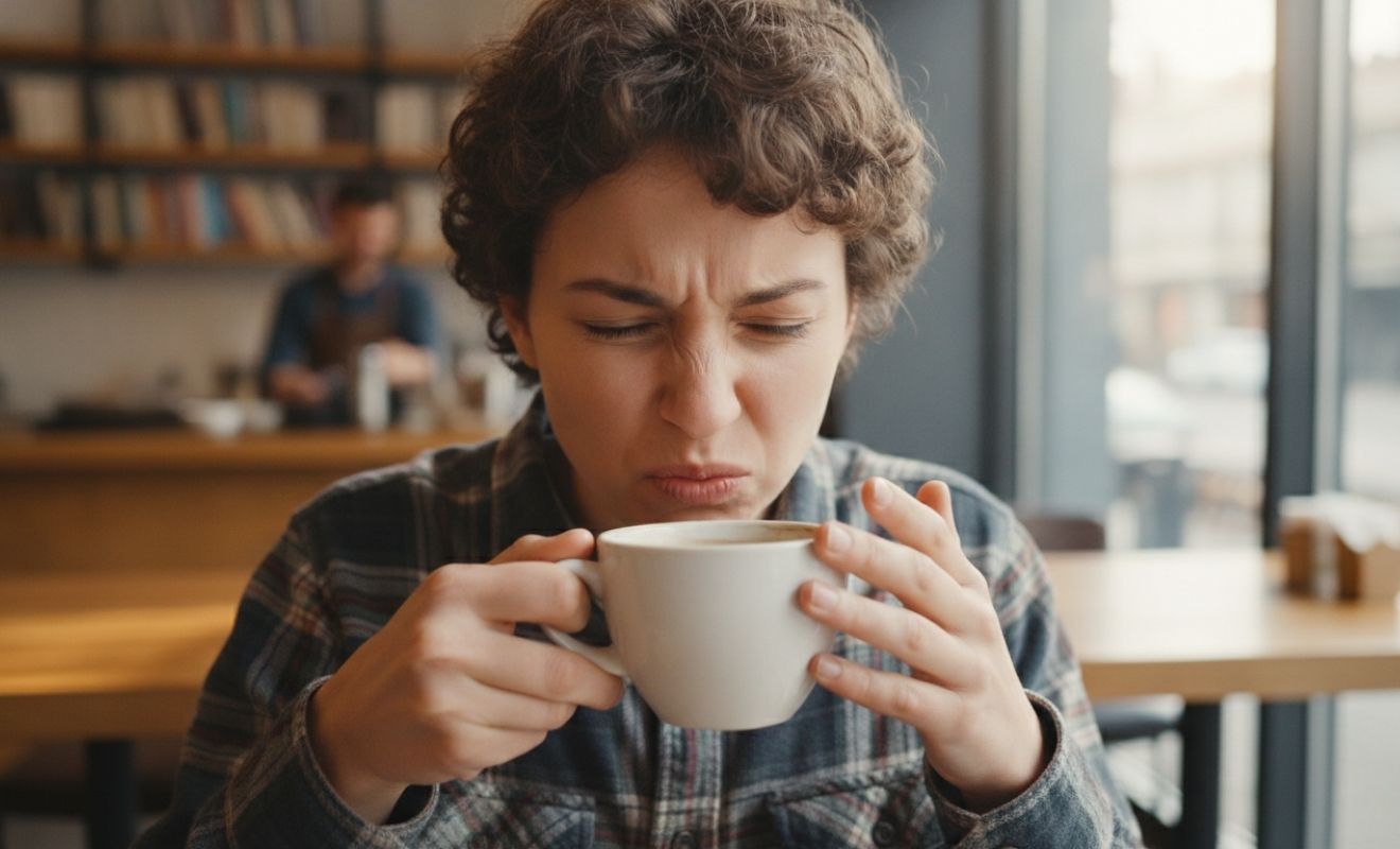 Kaffee schmeckt bitter in Gesicht von Frau erkennbar