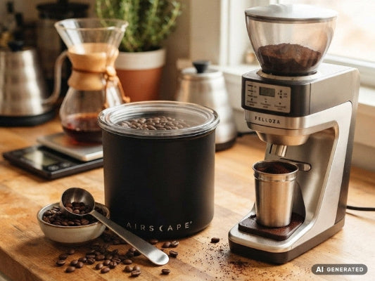 Airscape Kaffeedose steht auf Tisch neben anderen Utensilien