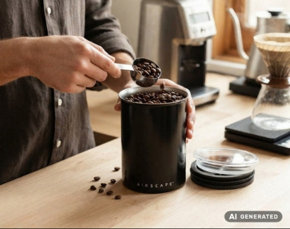 Airscape Kaffeedose wird von Person benutzt
