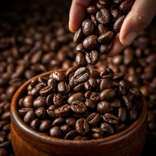 Arabica Bohnen werden aus Hand in Gefäß gegeben