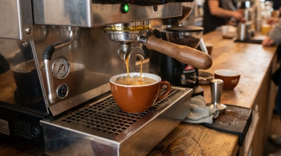 Café Crema wird mit Siebträgermaschine zubereitet