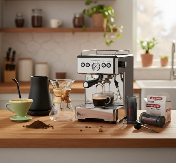 Filterkaffee Zubehör auf Tisch in Küche