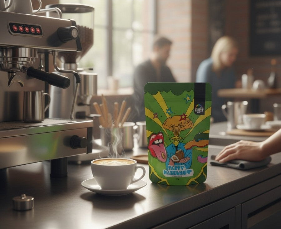 Haselnuss Kaffee steht auf Tresen von Cafe