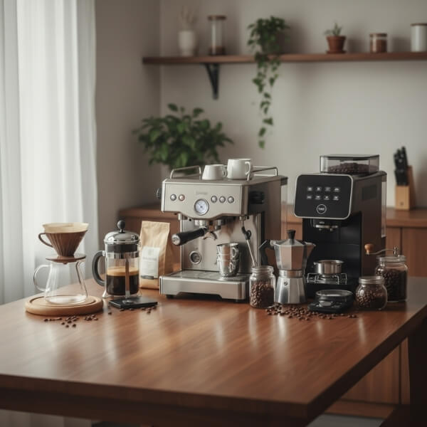 B2B Kaffee für verschiedene Zubereitungsarten, die sich auf Tisch befinden