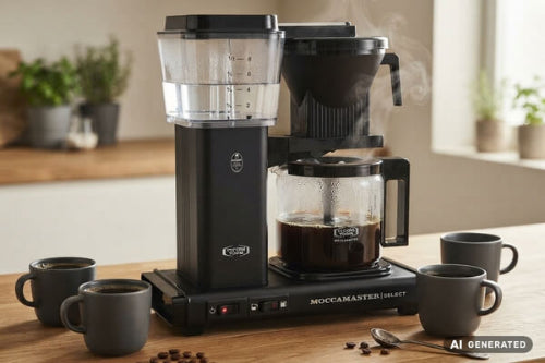 Kaffeebereiter steht in Küche auf Tisch