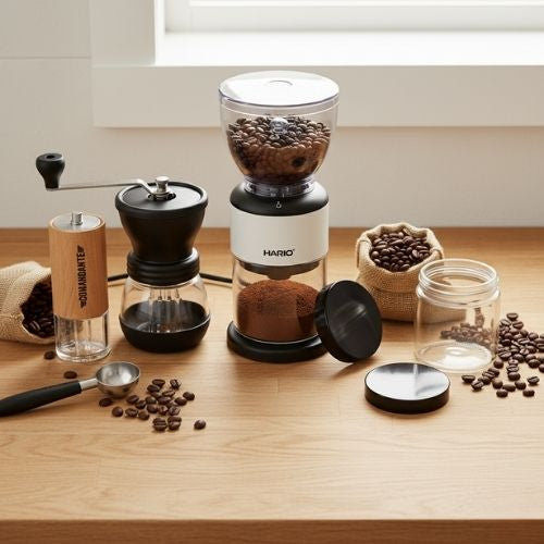 verschiedene Kaffeemühlen auf Tisch