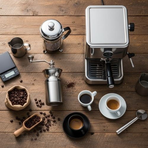 verschiedenes Kaffeezubehör neben Kaffeemaschine