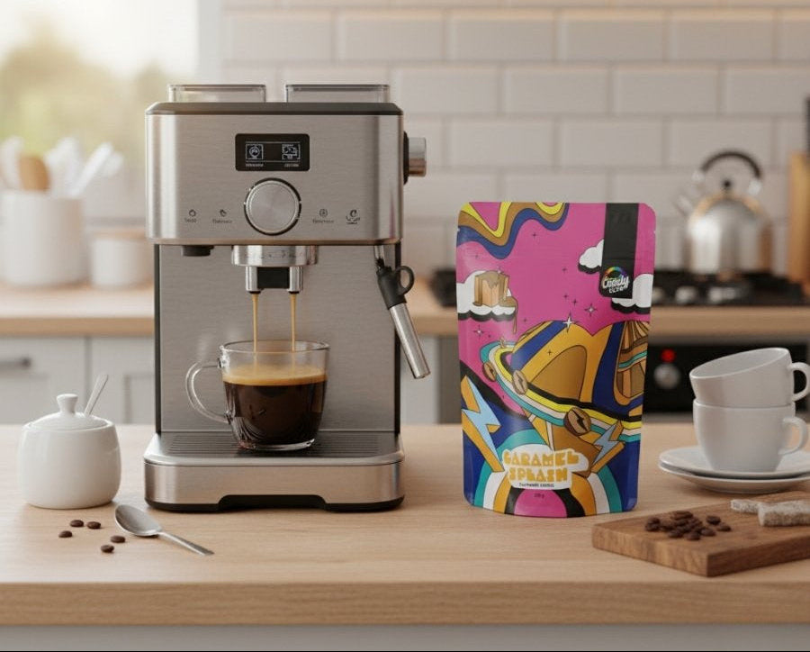 Karamell Kaffee neben Kafeemaschine