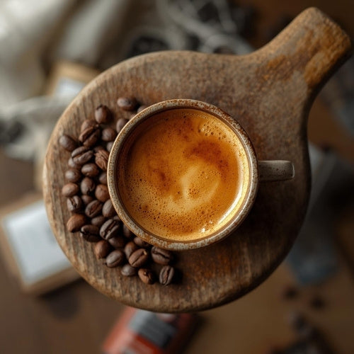 Robusta Bohnen neben Kaffeetasse