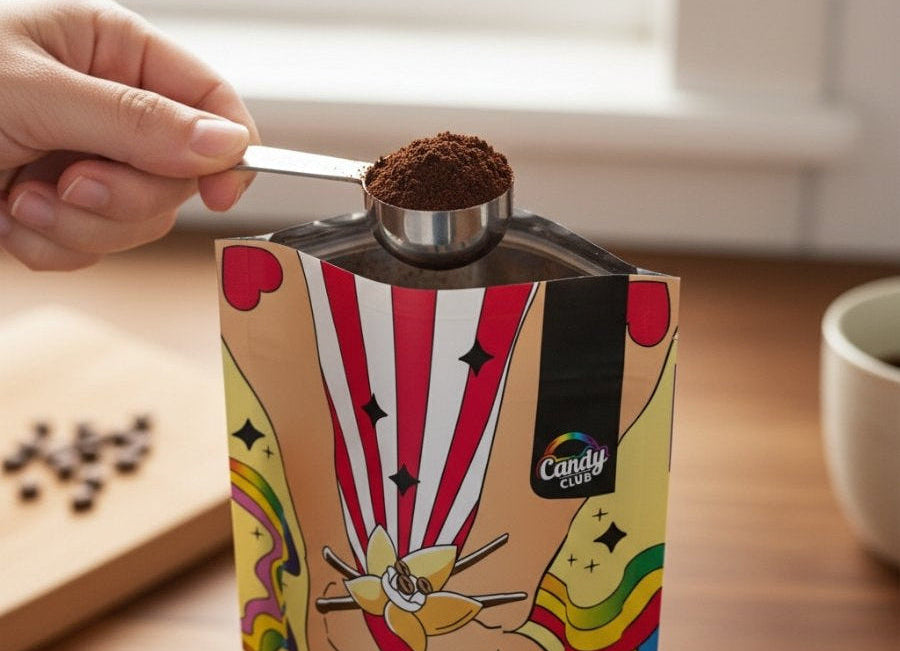 Vanille-Kaffee wird aus Tüte entnommen