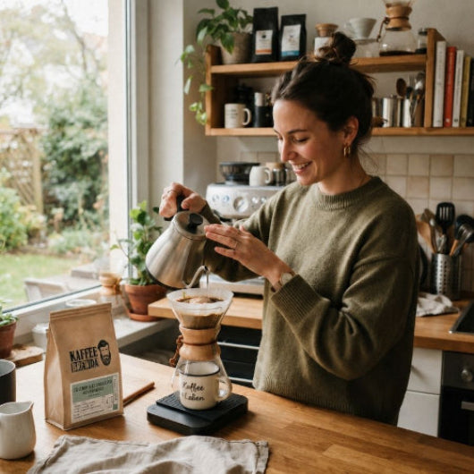 entkoffeinierte Kaffeebohnen mit heißem Wasser übergossen