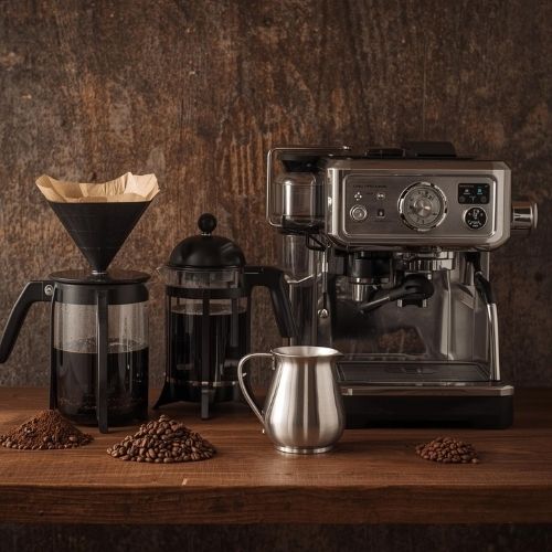 gemahlener Kaffee vor verschiedenen Kaffeezubereitungsarten